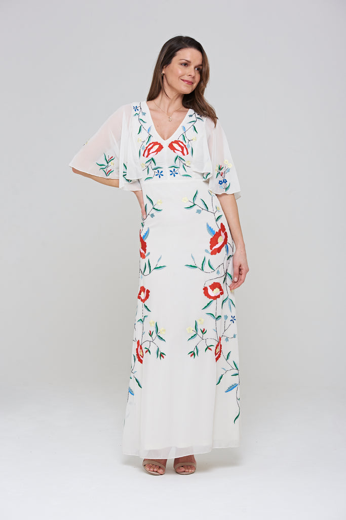Malva White Maxi Dress with Colourful Embroidery