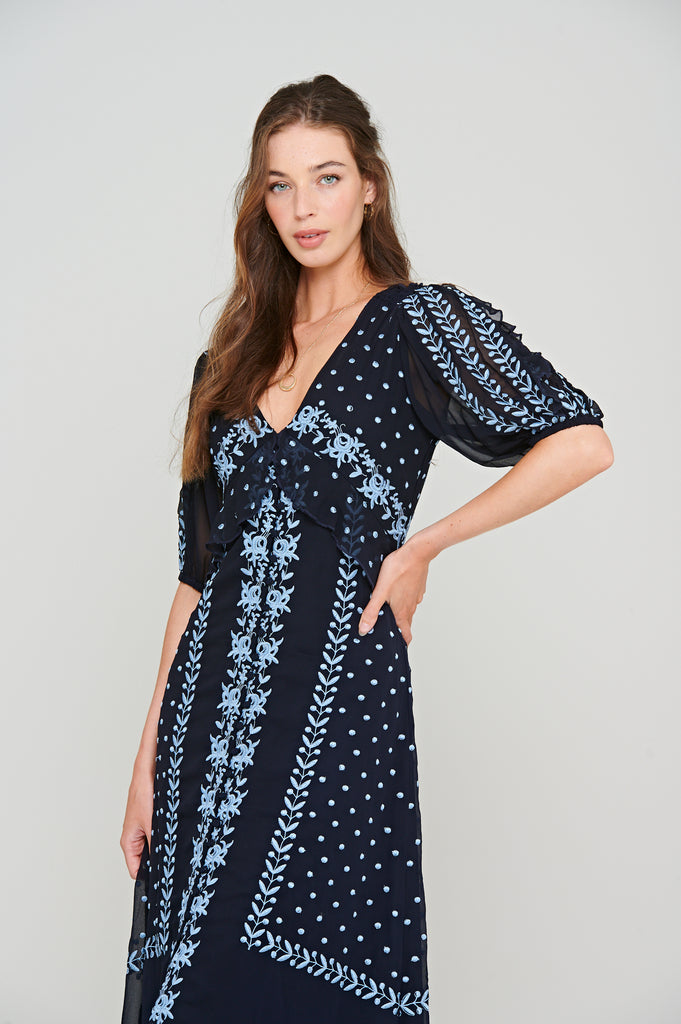 Mavelle Embroidered Maxi Dress in Navy