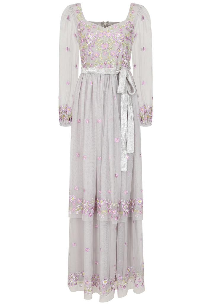 Mayuri Floral Embroidered Maxi Dress in Grey