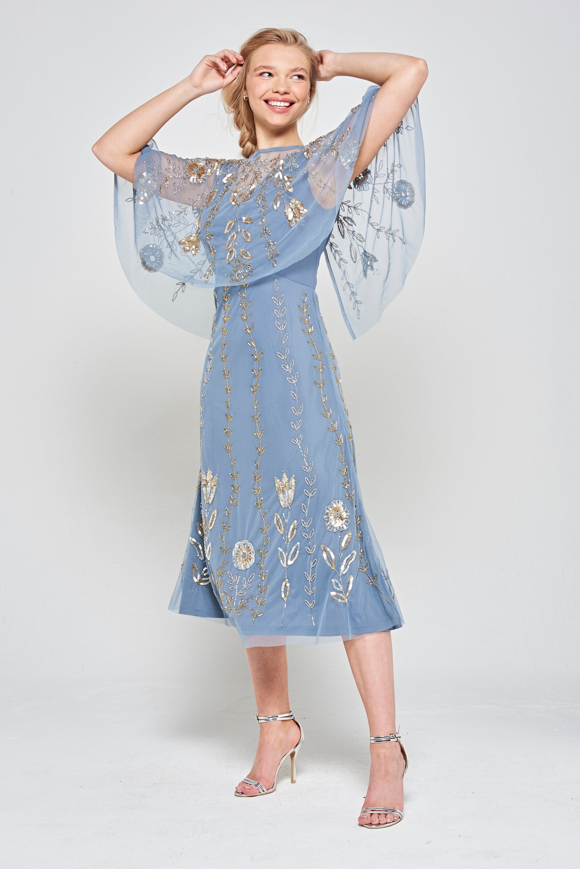 Orinda Embellished Midi Dress with Cape Frock and Frill Orinda Embellished Midi Dress with Cape Frock and Frill