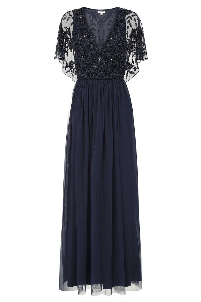 Patricia Embellished Bodice Maxi Dress with Cape Sleeves – Frock and Frill