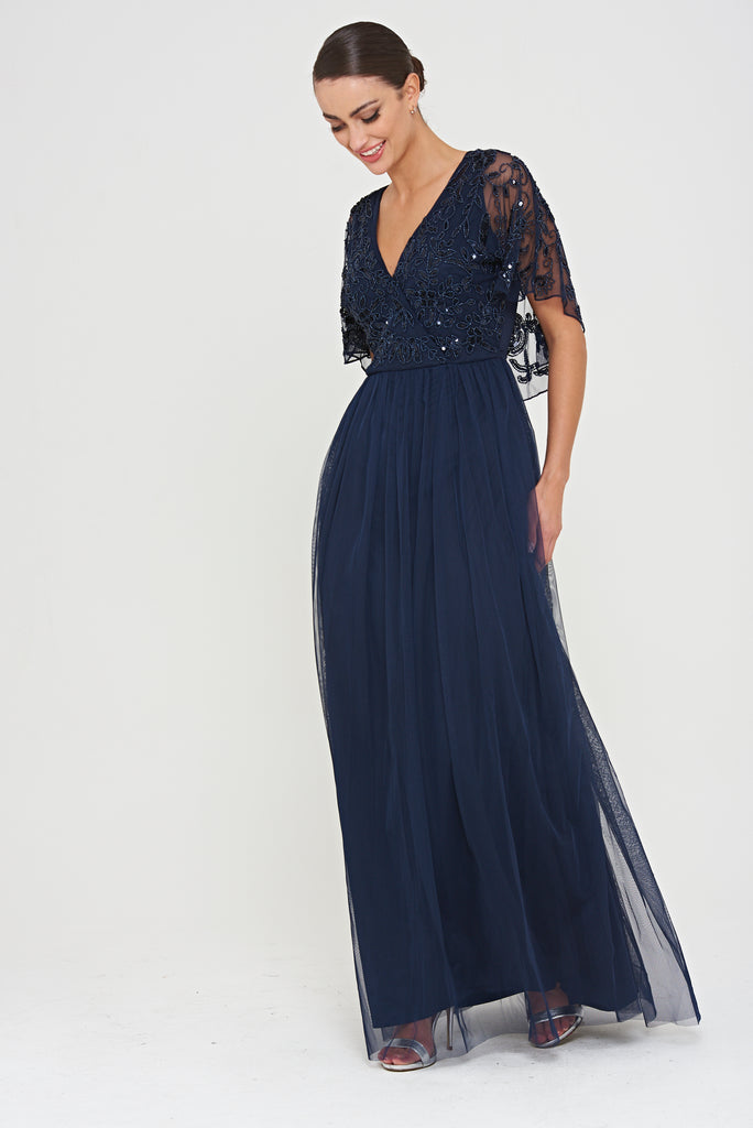 Patricia Embellished Bodice Maxi Dress with Cape Sleeves – Frock and Frill