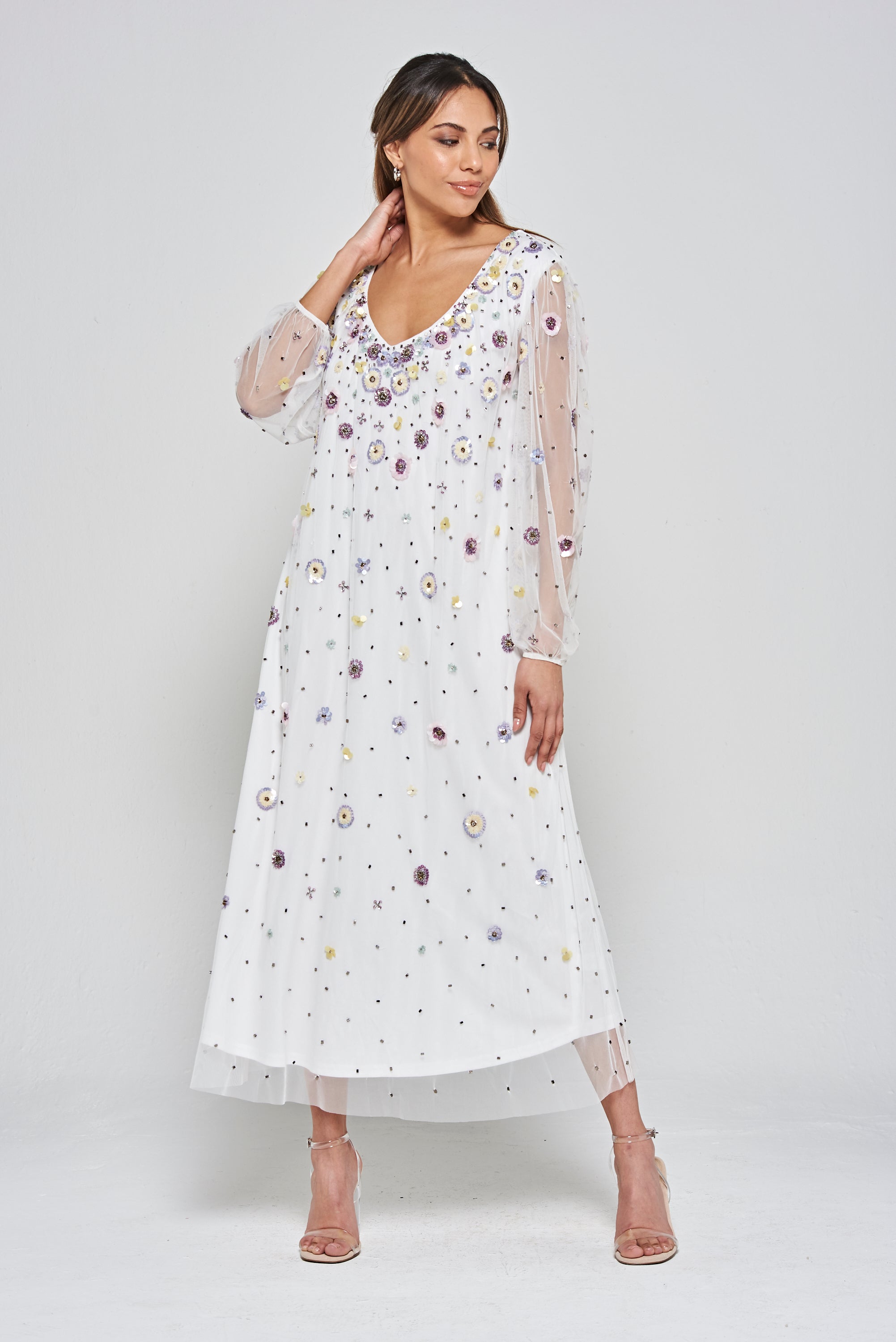 Pavonine Floral Sequin Maxi Dress - White