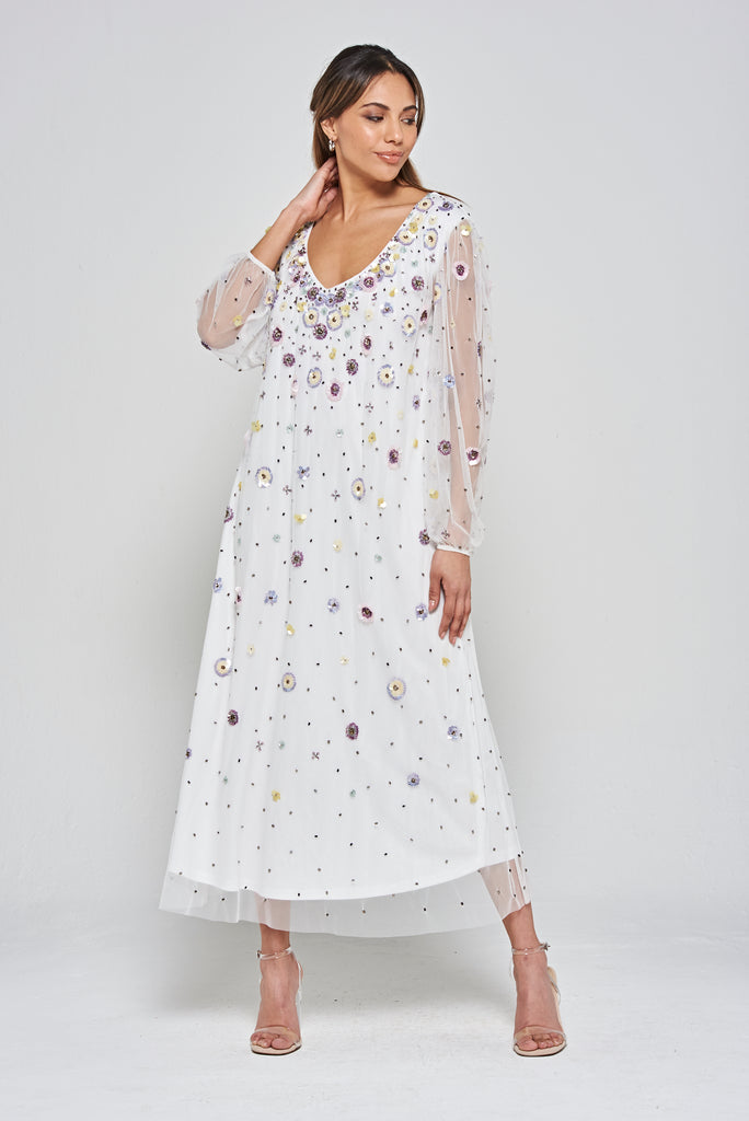 Pavonine Floral Sequin Maxi Dress - White