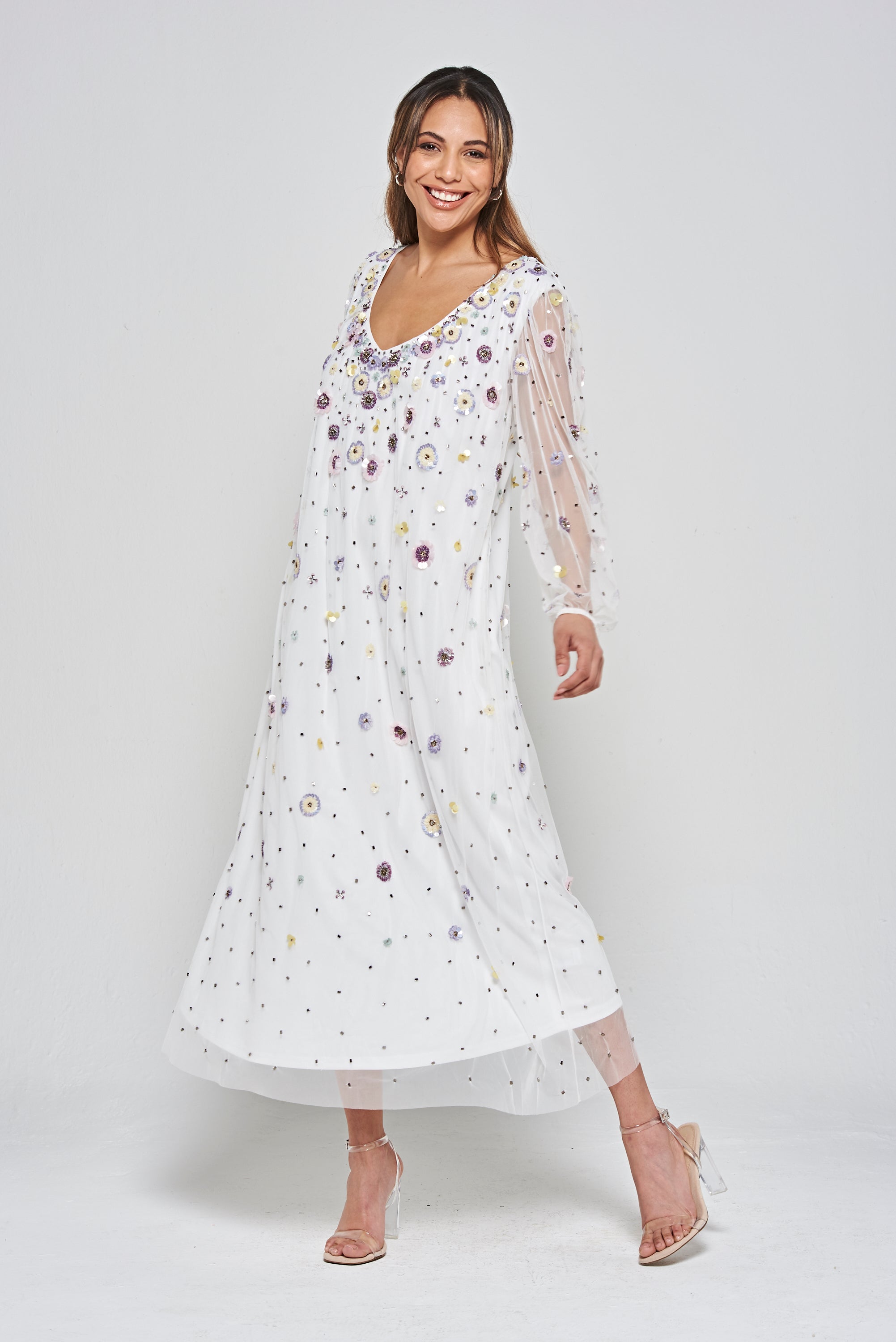 Pavonine Floral Sequin Maxi Dress - White