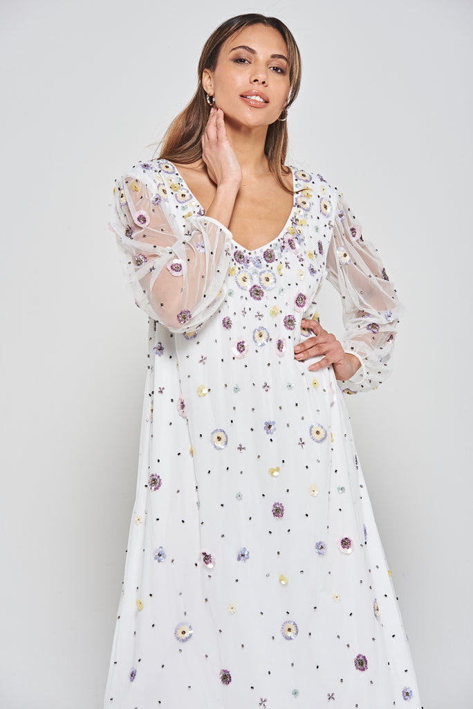 Pavonine Floral Sequin Maxi Dress - White