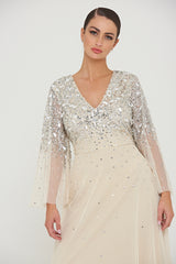 Pearl Embellished Maxi Dress with Flare Sleeves