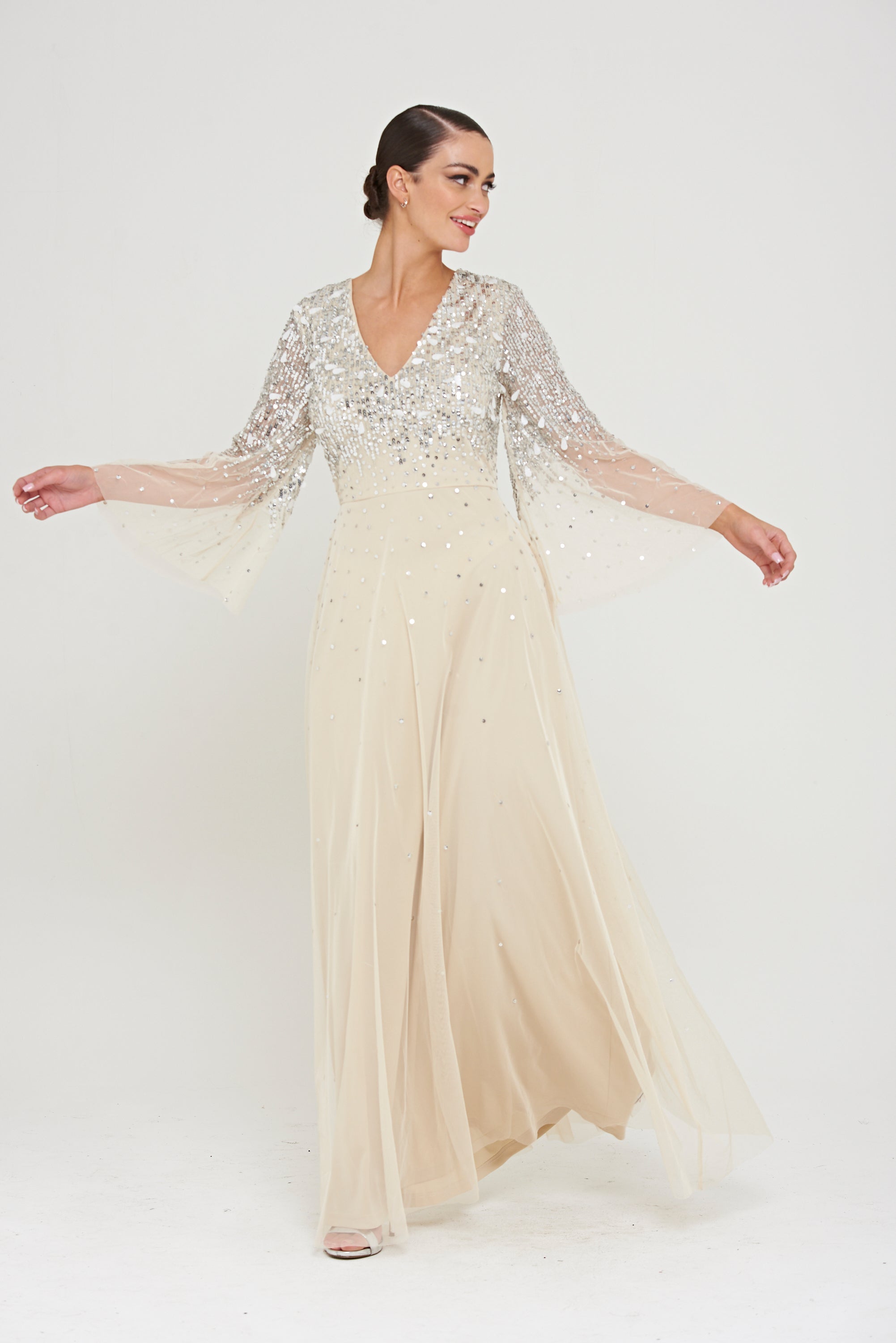 Pearl Embellished Maxi Dress with Flare Sleeves