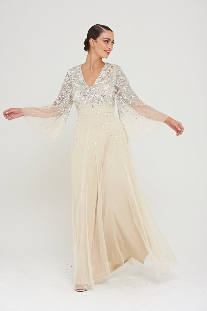 Pearl Embellished Maxi Dress with Flare Sleeves – Frock and Frill