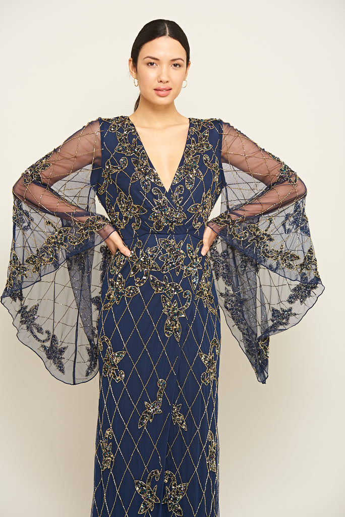 Phila Embellished Maxi Dress with Cape Sleeves