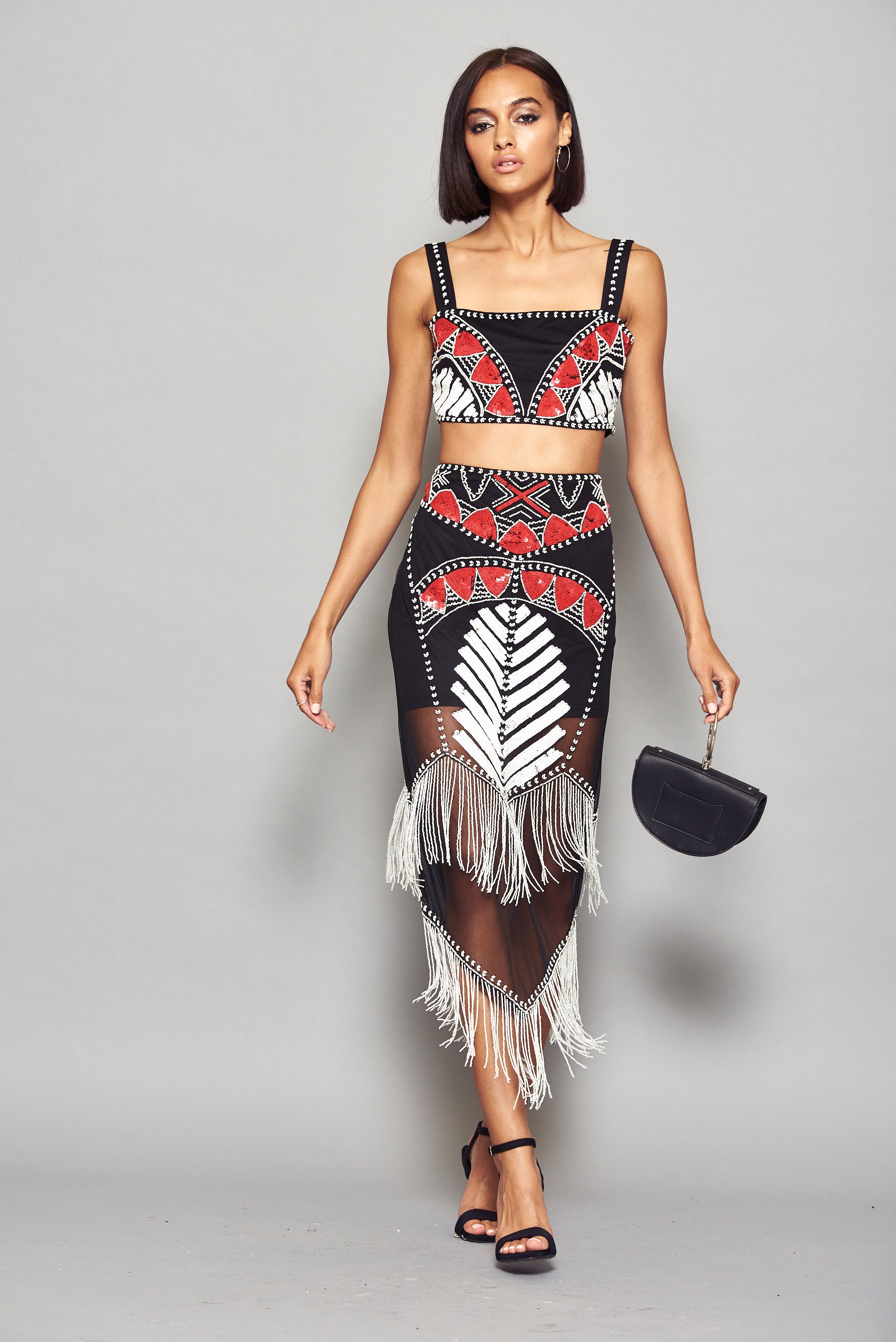 Fringed midi skirt with Western inspired black, red and white design 