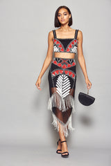 Fringed midi skirt with Western inspired black, red and white design 