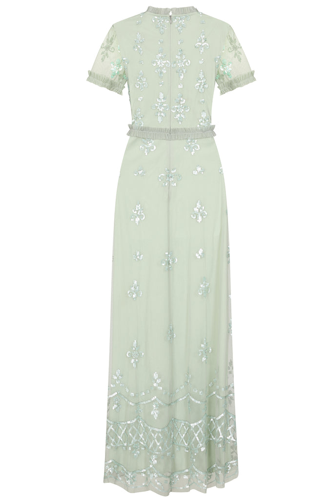 Shirley Green Sequin Maxi Dress with Ruffled Trim