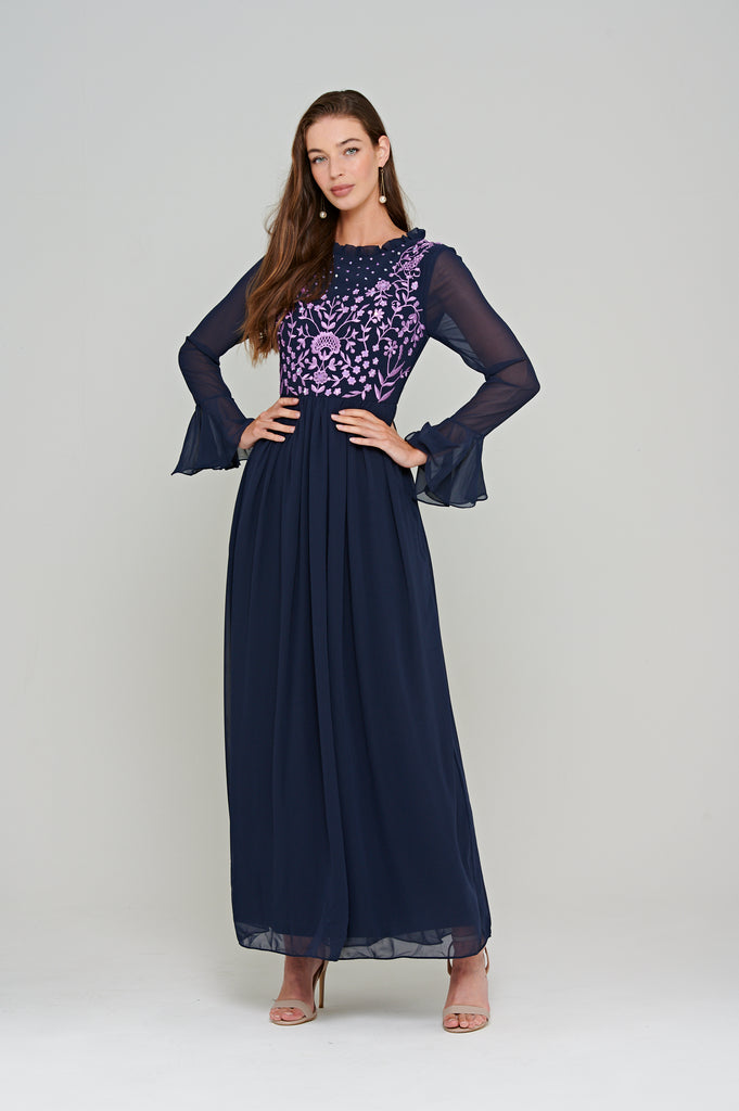 Frock and Frill Navy Embroidered Maxi Dress