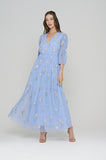 Aya Blue Daisy Embroidered Wrap Front Maxi Dress