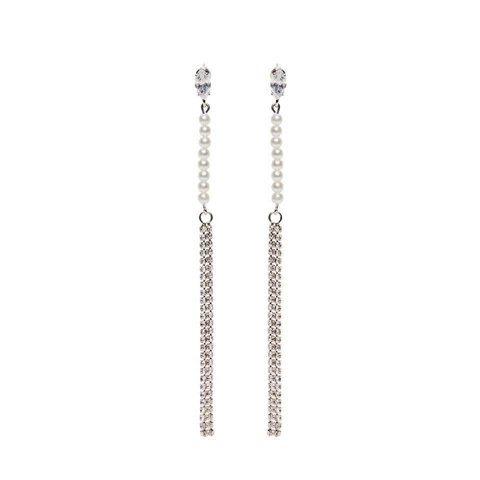 Lovett and Co. Crystal Pearl Long Drop Earrings Silver